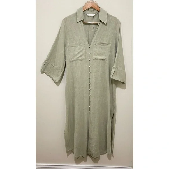 NWOT Zara Sage Green Linen Blend Shirt Dress, Size Small - Picture 4 of 13